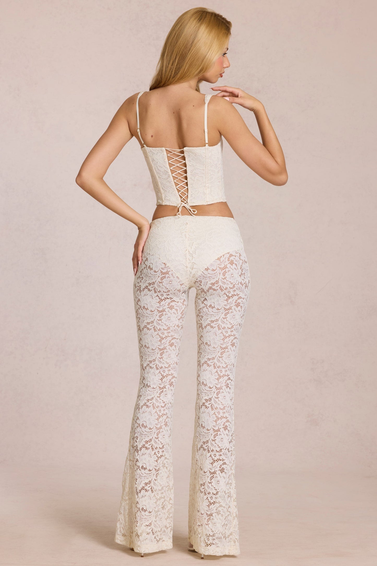 Sheer Lace Mid-Rise Flared Trousers in Ivory