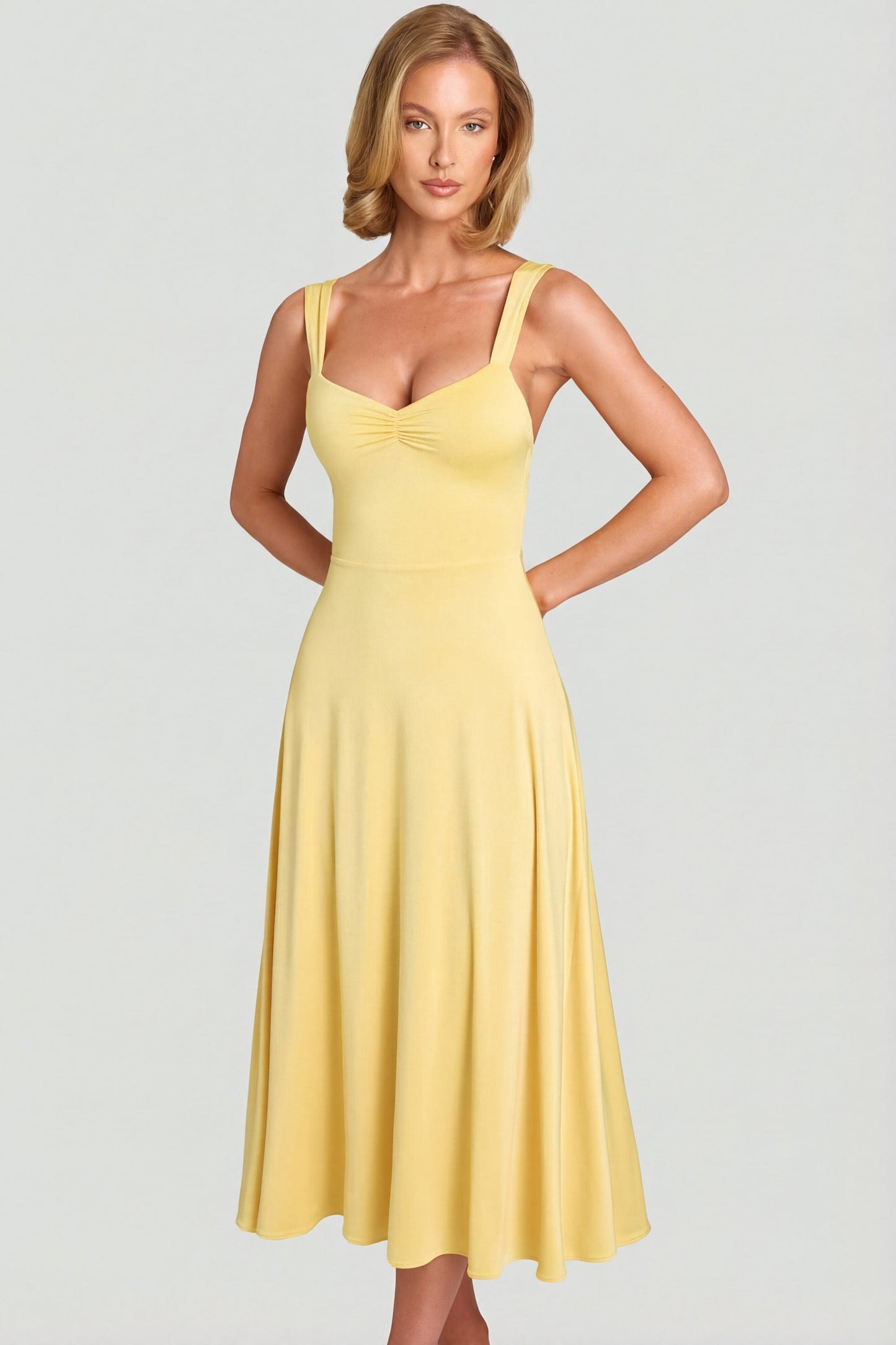 Sweetheart-Neck Ruched Midaxi Dress in Pastel Yellow