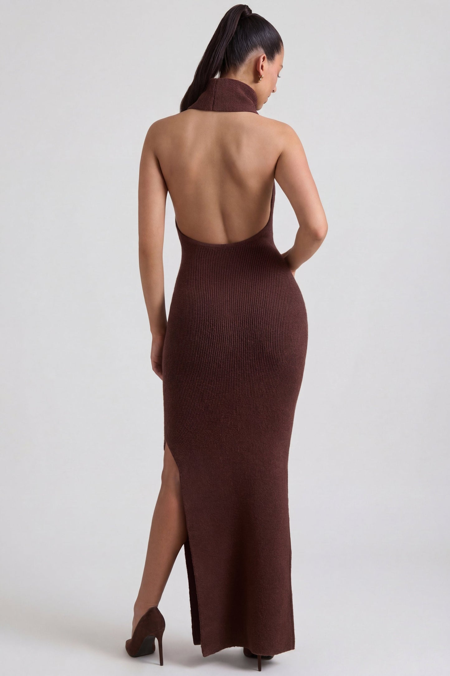 Ribbed-Knit Turtleneck Backless Maxi Dress in Espresso